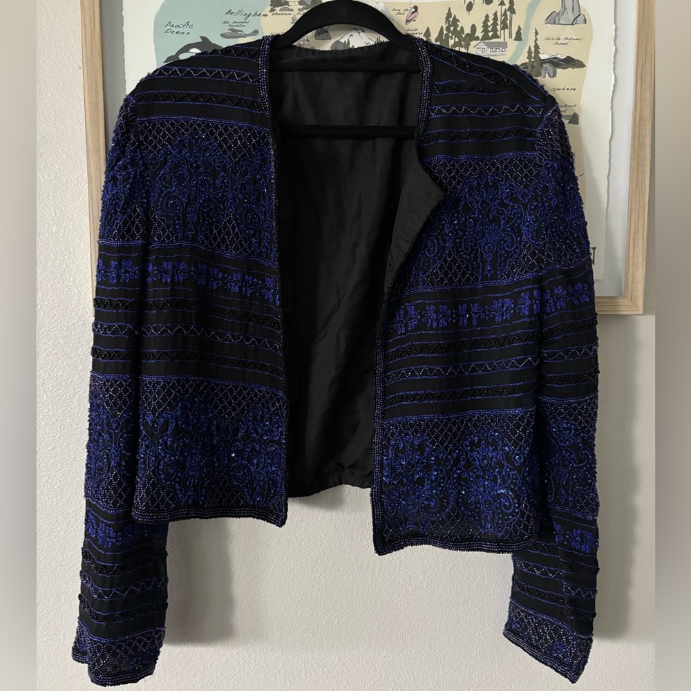 Vintage Purple/midnight Blue Beaded Embellished Longsleeve Cardigan Jacket Large